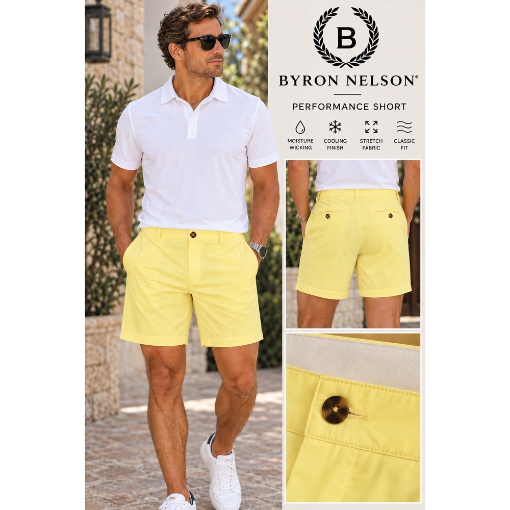 Byron Nelson Mens Performance Golf Shorts Yellow W33 Classic Fit Cooling Stretch